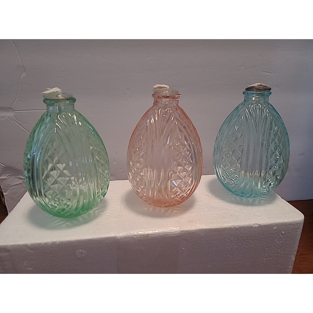 Vintage 3 Crystal Glass Egg Oil Lamps Pastel #59073 Easter Decor Blue Green Pink